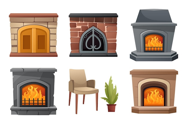 Fire place set This illustration is a set of cartoonstyle design elements featuring a fire place