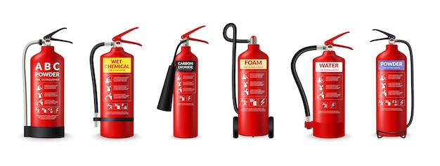 Fire safety equipment manual Chemical foam Red cylinders with hoses Ignition extinguish instruction concept Firefighting powder Flame emblem and guide Vector extinguishers set