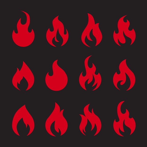 Fire set icon flat design illustration vector red isolated on black background