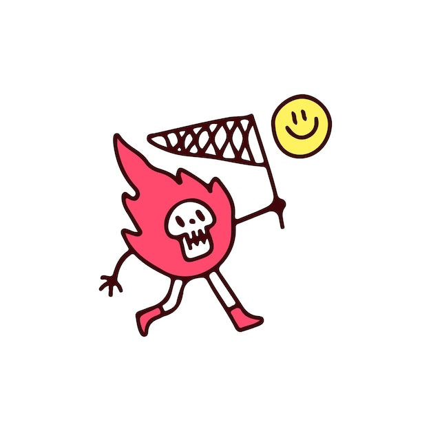 Fire skull catching smile emoji mascot character, illustration for t-shirt, street wear, sticker.