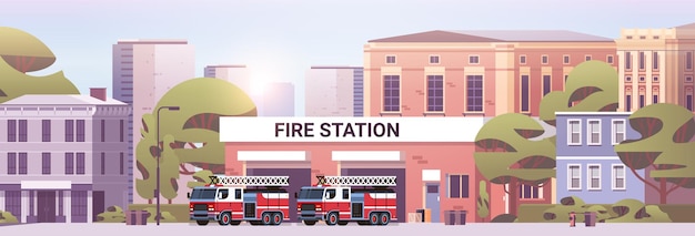 Fire station building fire department house facade and red emergency vehicle horizontal vector illustration