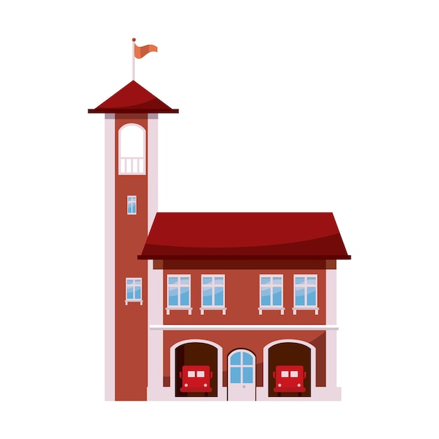 Fire station with tower icon in cartoon style on a white background