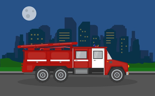 Fire truck on the background of the night city. Vector illustration.