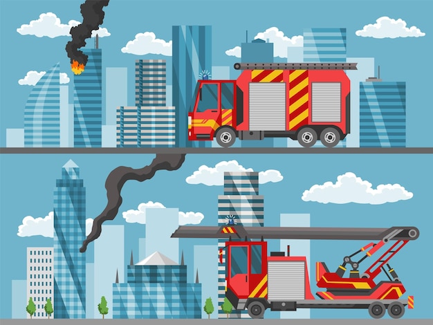 Fire truck on city town lanscape in flat style Fire engine Emergency fire vehicle template Red transportation for firefighting or fire extinguishing design element