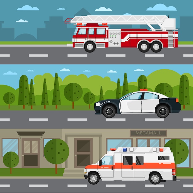 Vector fire truck, police and ambulance car on highway