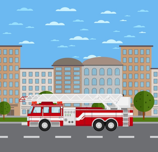 Vector fire truck on road in urban landscape