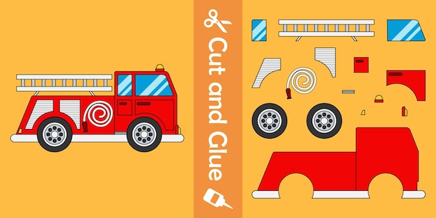 Fire trucks education paper game for children cut and glue vector illustration