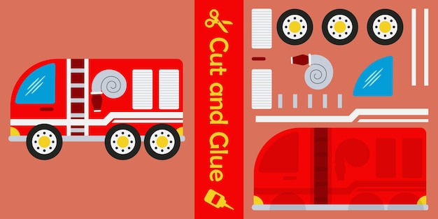 Fire trucks education paper game for children cut and glue vector illustration