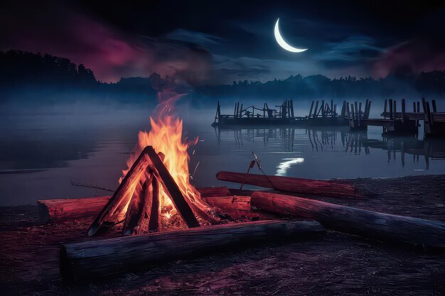 a fire with a person sitting at a campfire in the middle of the night