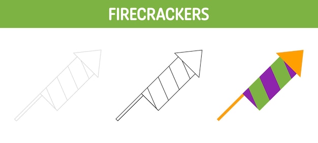 Firecrackers tracing and coloring worksheet for kids