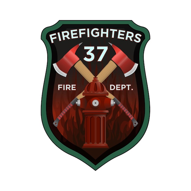 Firefighter Badge in realistic style Firefighter axes and hydrant on shield insignia Colorful vector