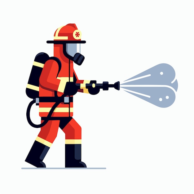 The firefighter character is spraying water in a flat design style