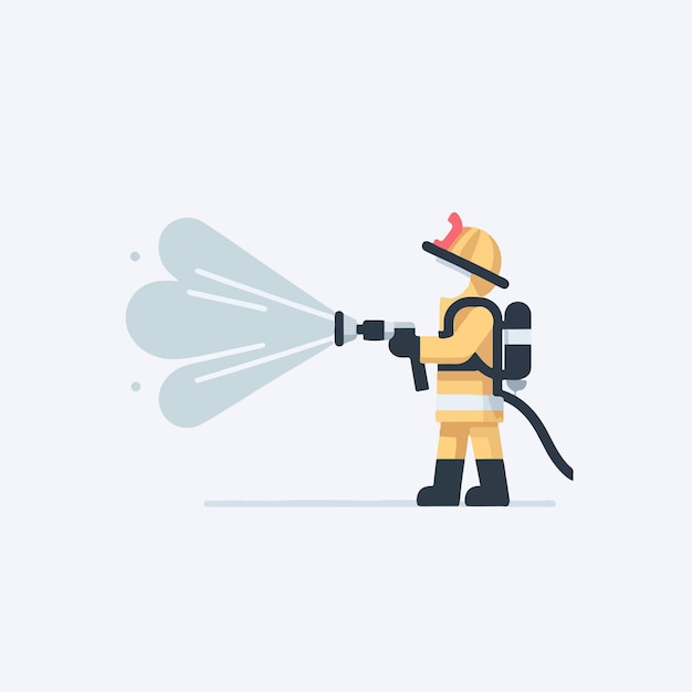 The firefighter character is spraying water in a flat design style