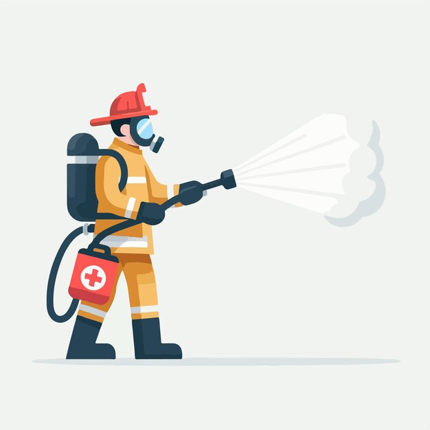 The firefighter character is spraying water in a flat design style