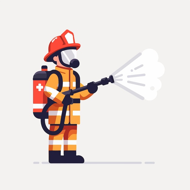 The firefighter character is spraying water in a flat design style