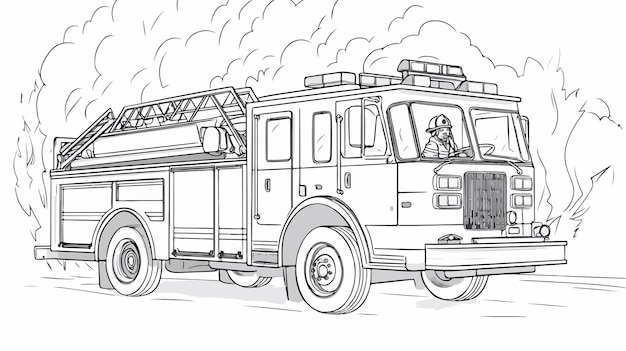 Vector firefighter driving fire truck outline coloring