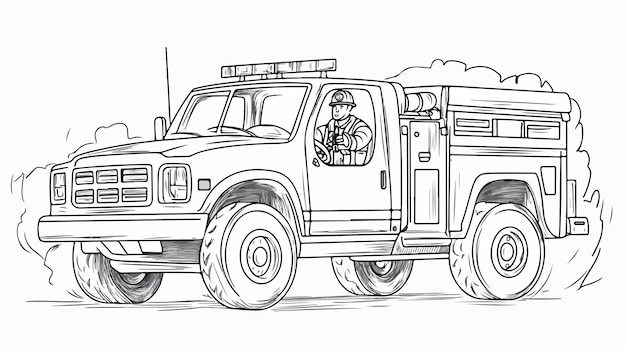 Vector firefighter driving fire truck outline coloring