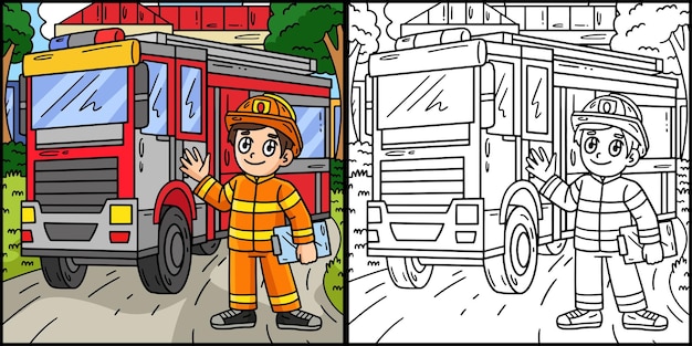 Vector firefighter and fire truck coloring illustration