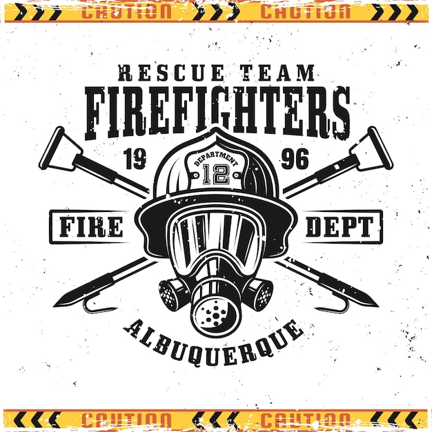 Firefighter head in gas mask and crossed fire hooks vector emblem, badge, label or logo in vintage style isolated on background with grunge textures on separate layers