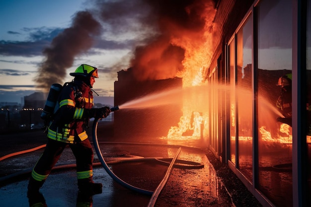 Vector a firefighter is spraying water on a building and up fire