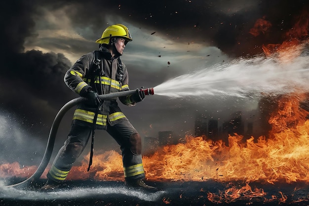 Vector a firefighter is spraying water on a building and up fire