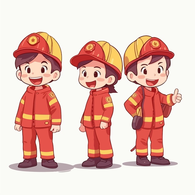 Firefighter kid in firefighter's clothes cartoon illustration young boy multipose