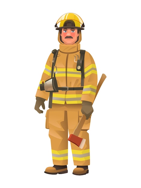 Firefighter man wearing protective uniform and helmet holding an ax in hand fireman with equipment