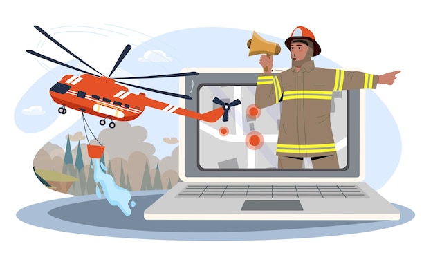 Vector firefighter online service man in protective uniform with loudspeaker on computer screen helicopter extinguishes fire in forest disaster and emergency flat vector illustration