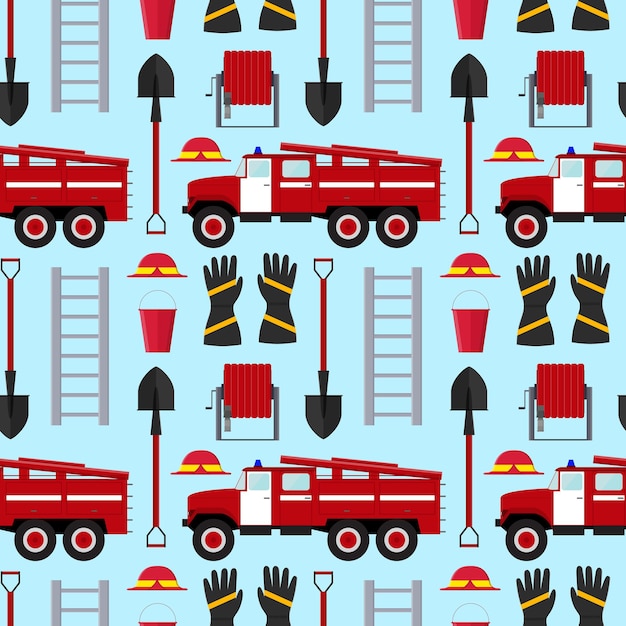 Firefighter Profession Equipment and Tools Background Pattern. Flat Design Style. Vector illustration