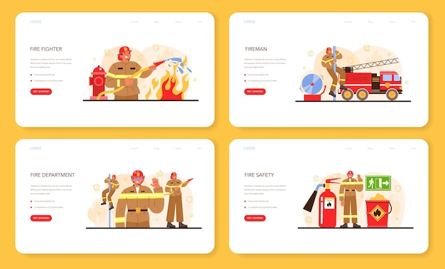 Firefighter web banner or landing page set. Professional fire brigade