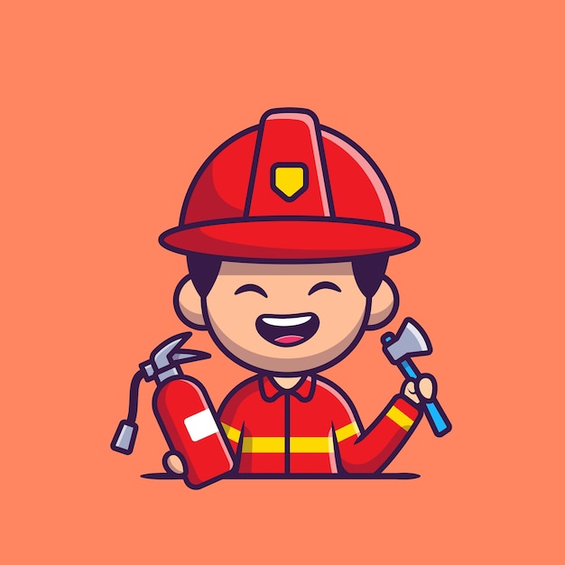 Firefighter With Harchet Axe And Fire Extinguisher Cartoon   Icon Illustration. People Profession Icon Concept Isolated  . Flat Cartoon Style