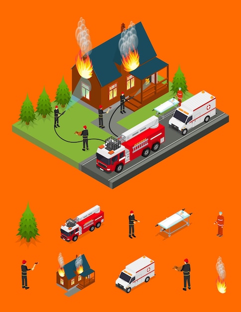 Firefighters Extinguish Fire at House and Elements Part Isometric View Vector