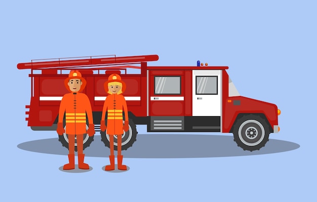 Firefighters next to the fire engine. Vector illustration.