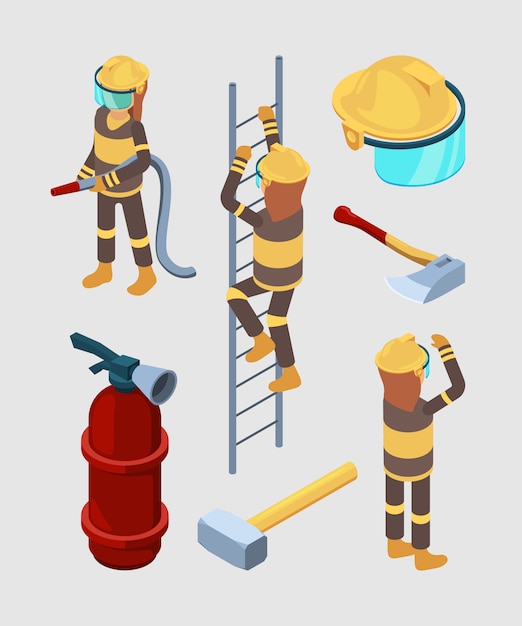 Vector firefighters isometric. proffesional equipment of fire station hose boots extinguisher car  3d illustrations isolated