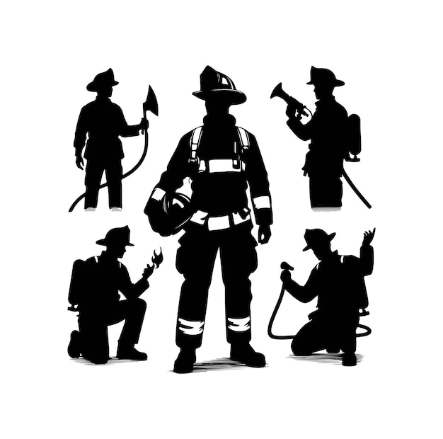 Vector firefighters pose vector silhouette illustration