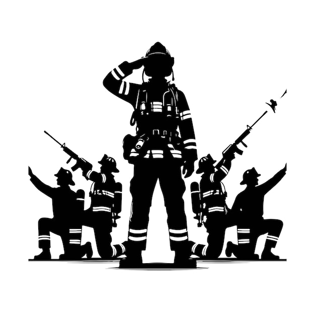 Vector firefighters pose vector silhouette illustration