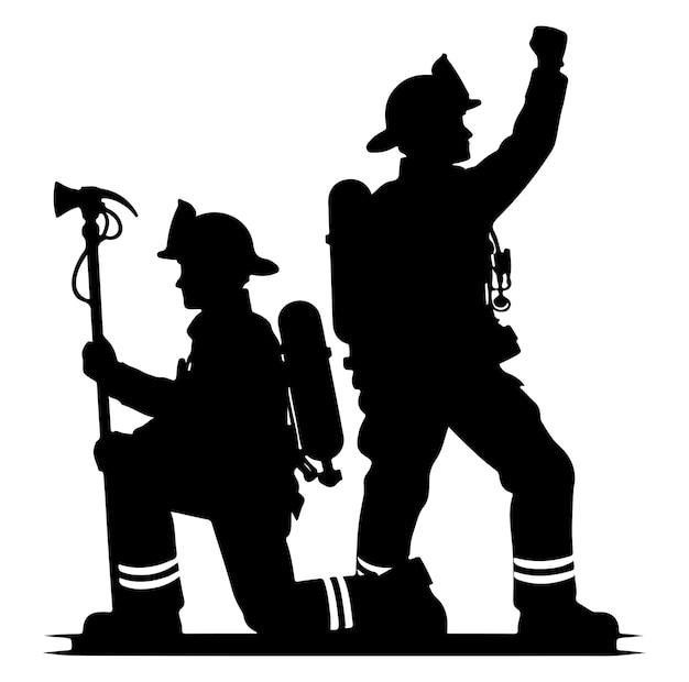 Vector firefighters pose vector silhouette