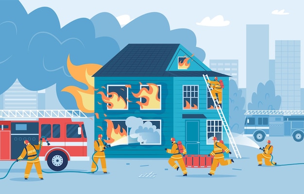 Firefighters putting out house fire firemen try to extinguish flames Fireman in uniform using firehose burning building vector illustration Rescue emergency by fireman