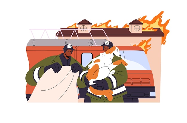 Firefighters in safety uniform save dog from burning house Firemen extinguish flame with firetruck Fire engine truck on emergency accident Flat isolated vector illustration on white background