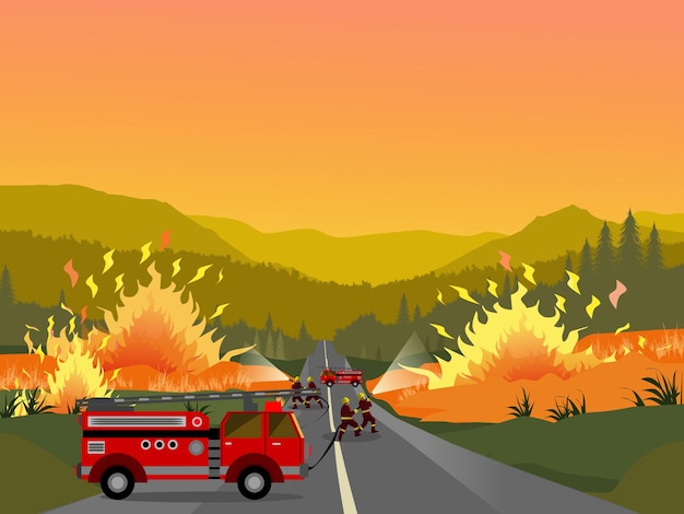 Firefighters spraying water from fire trucks to extinguish forest fires with mountains and yellow sky in the background.