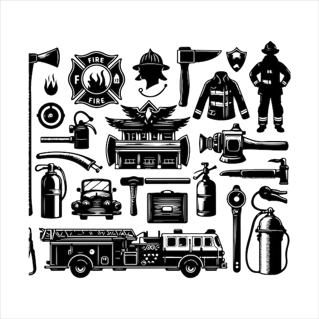 Firefighting Elements Set Silhouette of fire extinguisher Flame protection symbols