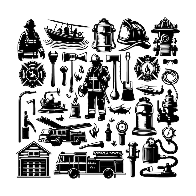 Vector firefighting elements set silhouette of fire extinguisher flame protection symbols