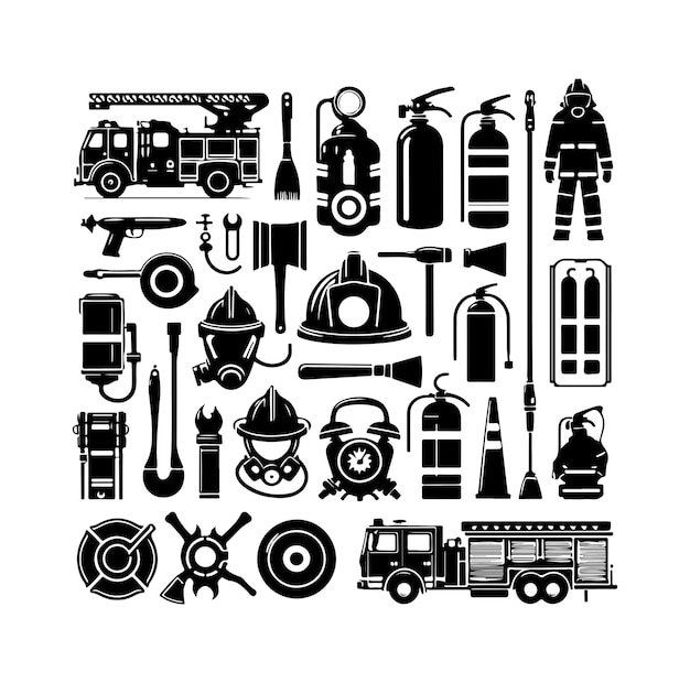 Vector firefighting equipment set collection silhouette vector