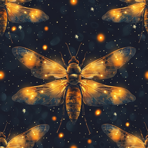 Vector firefly seamless pattern background vector glowing insect graphic with eps file