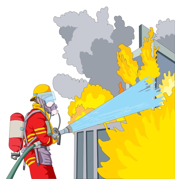 A fireman extinguishing fire using water pipe