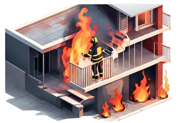 a fireman is standing on a ladder in front of a house that has flames on it