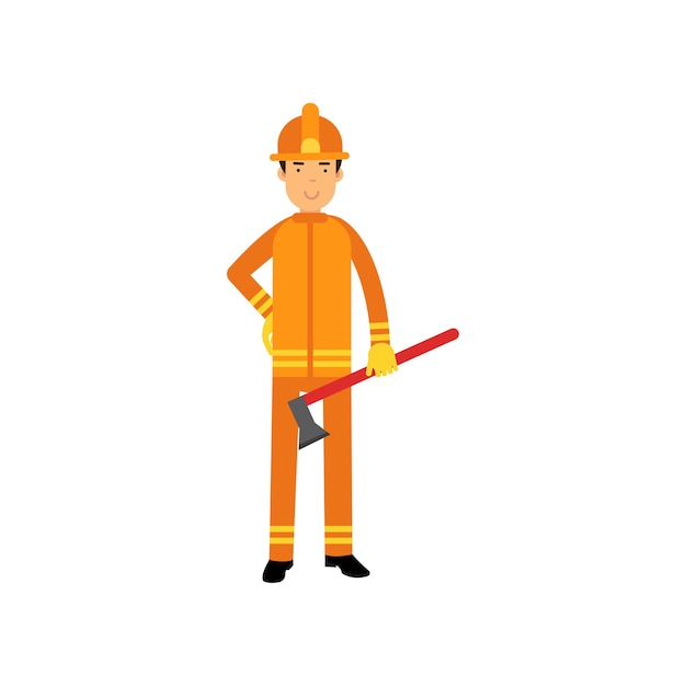 Fireman in uniform and protective helmet, standing with axe. Fearless firefighter officer in protecting equipment at work. Rescue worker character. City hero. Vector illustration isolated on white.