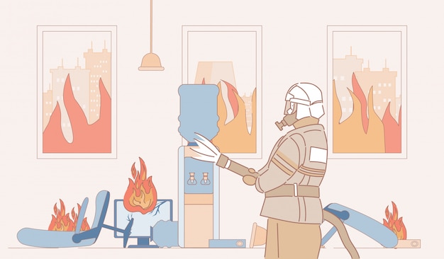 Vector fireman with fire extinguisher extinguish fire in office cartoon outline illustration. firefighter in burning room.