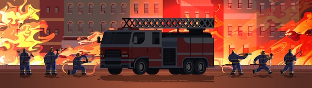 firemen near fire truck getting ready to extinguishing fire firefighters in uniform and helmet firefighting emergency service concept burning building exterior orange flame background horizontal