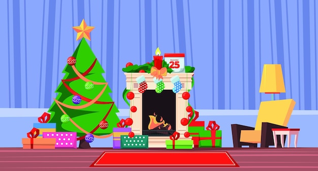 Fireplace Celebration xmas decoration interior with cozy warm place beautiful modern room garish vector fireplace cartoon background